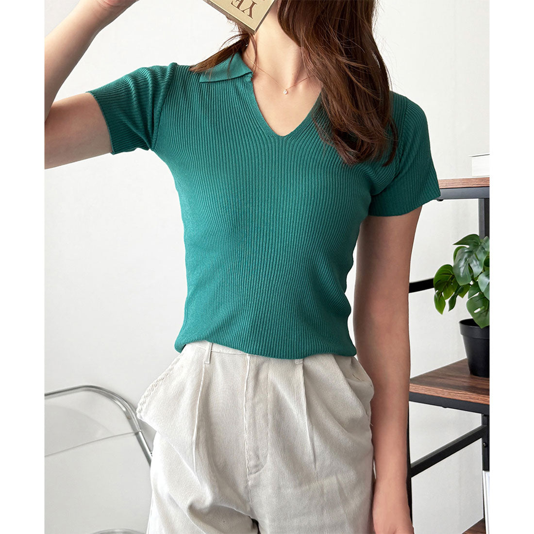 デューリリー Dewlily スキッパー半袖ポロニット レディース 韓国 カジュアル シンプル ショート丈 おしゃれ かわいい 大人 春 夏 着回し お出かけ トップス シャツ (イエロー) イエロー