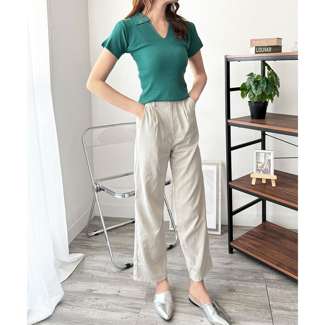 デューリリー Dewlily スキッパー半袖ポロニット レディース 韓国 カジュアル シンプル ショート丈 おしゃれ かわいい 大人 春 夏 着回し お出かけ トップス シャツ (イエロー) イエロー