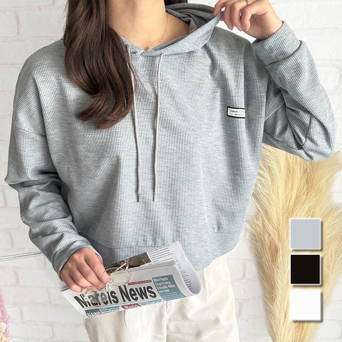 デューリリー Dewlily フード付きプルオーバー 韓国 ファッション レディース 春夏 着回し フーディー 長袖 ワッフル生地 軽量 季節感 体型カバー 通勤 カジュアル (ホワイト) ホワイト