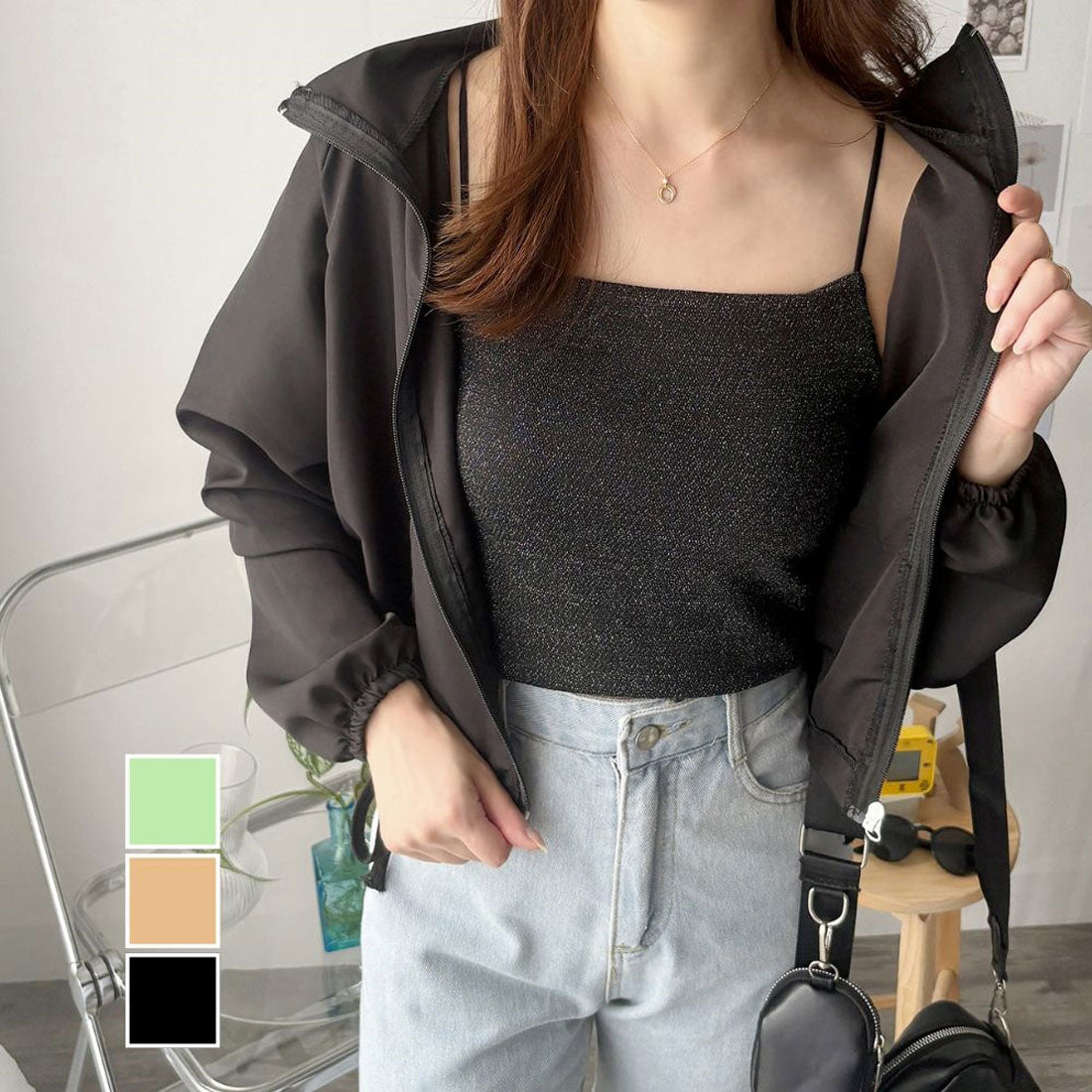 デューリリー Dewlily ショート丈ドロストブルゾン ライトアウター ジャケット ショート丈 韓国 ファッション レディース 春夏秋 着回し カバー 通勤 旅行 おしゃれ (ブラック) ブラック