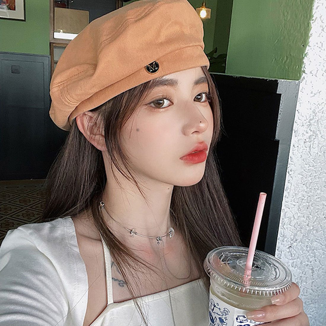 Durilly Dewlily休閒貝雷帽韓國時尚tatested Beret簡單可愛的貝雷帽帽子小臉效果可折疊存儲方便禮物