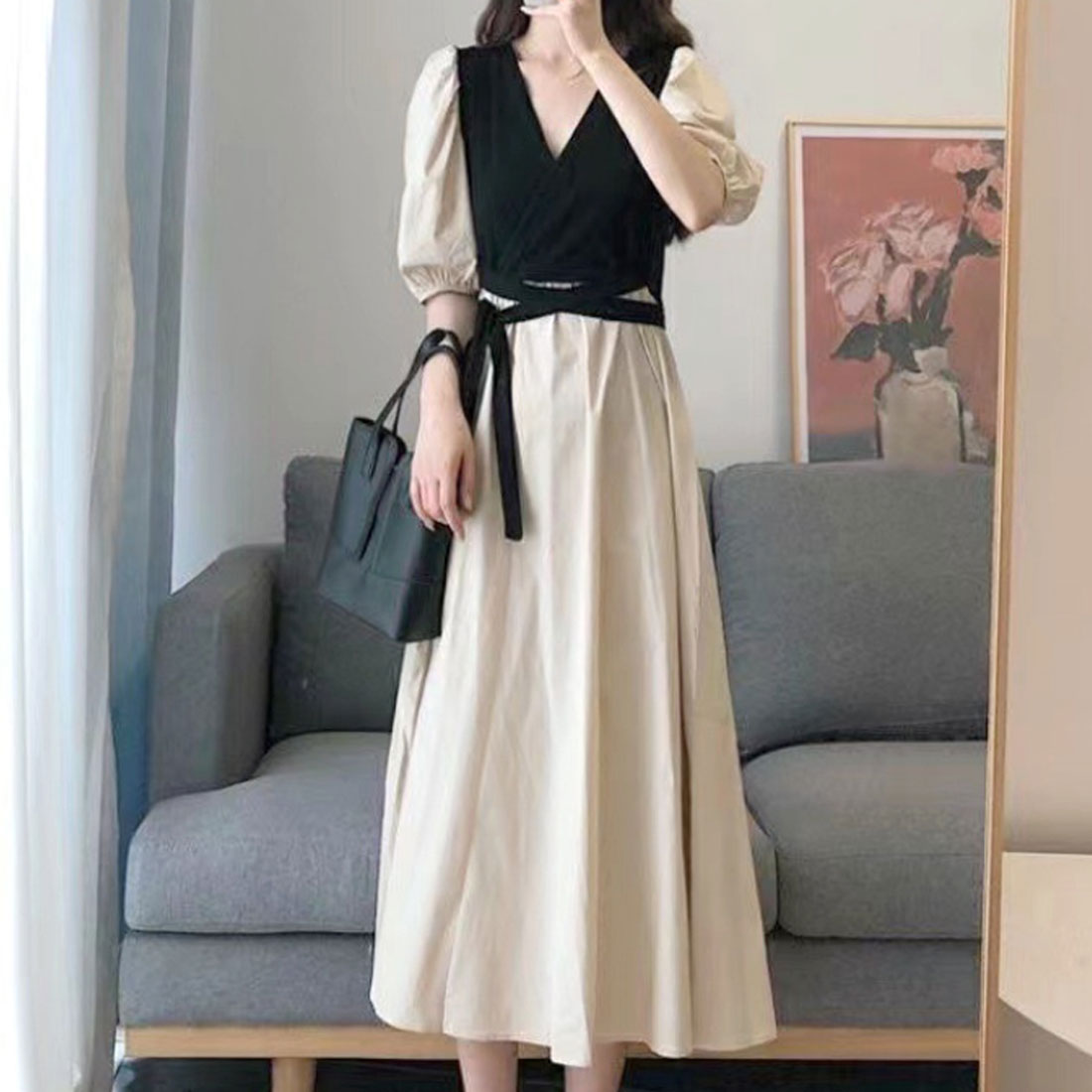 slim fit dress slacks Dewlily Long Ribbon Cache-Coeur Dress Korean Fashion for Teens, 20s, 30s V-Neck High Waist Elongates Legs Style Up Cute Covers Upper Arms