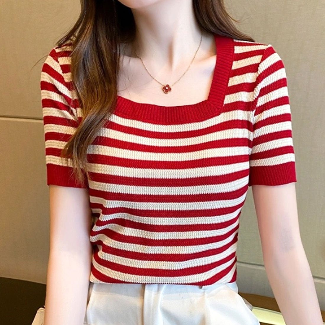 Dewlily Striped Summer Knitwear Korean Fashion for Teens, 20s, 30s Square Neck Casual Striped Design Compact Wide Variety of Colors