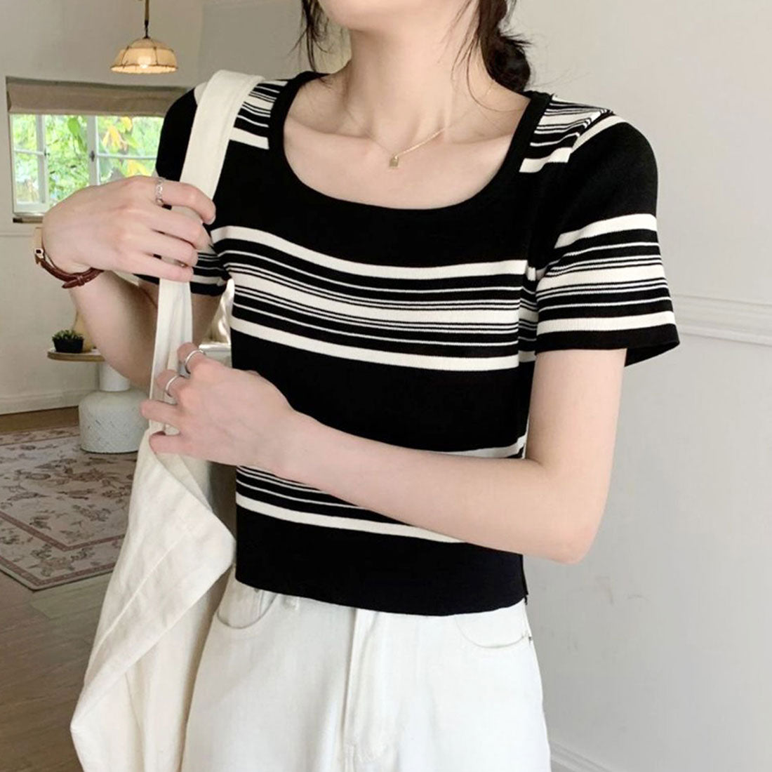 Dewlily Square neck short sleeve knit Korean fashion for teens, 20s, 30s, short length, tucked-in style, casual, cute and cool