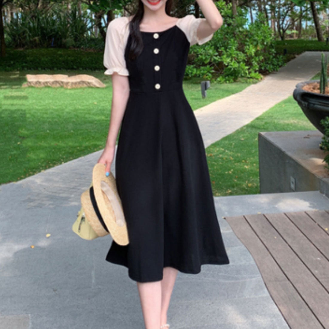 slim fit dress slacks Dewlily Puff Sleeve Dress Korean Fashion Teens 20s 30s Cute Date A-Line Office Style Off Shoulder Plain Simple