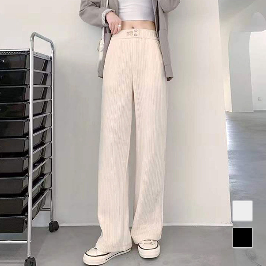 デューリリー Dewlily コーデュロイワイドパンツ 韓国ファッション 10代 20代 30代 脚長効果 ハイウエスト ウエストゴム ゆったり シンプル 大人 きれいめ