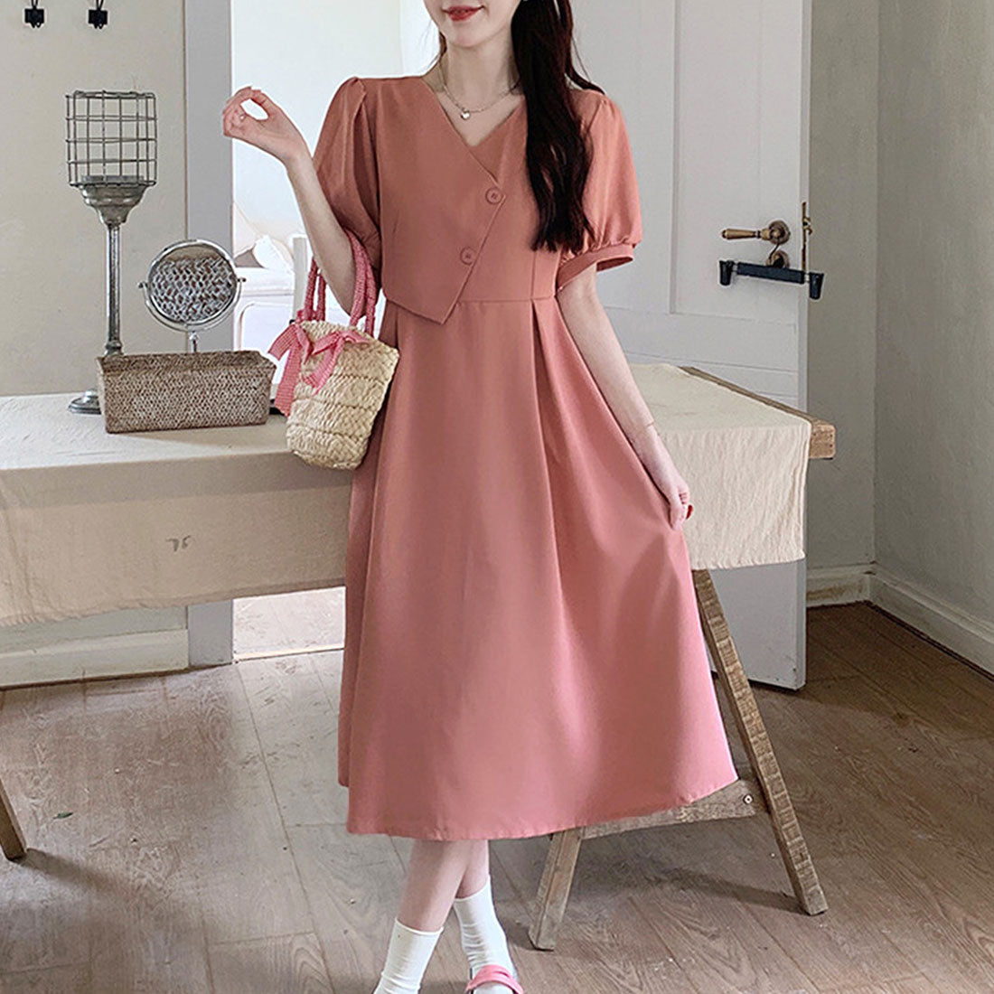 Dewlily Puff Sleeve Dress Korean Fashion for Teens, 20s, 30s Asymmetrical Cute Slimming Effect A-line Casual Short Sleeve Plain Ribbon