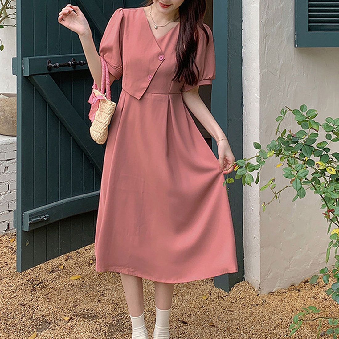 Dewlily Puff Sleeve Dress Korean Fashion for Teens, 20s, 30s Asymmetrical Cute Slimming Effect A-line Casual Short Sleeve Plain Ribbon