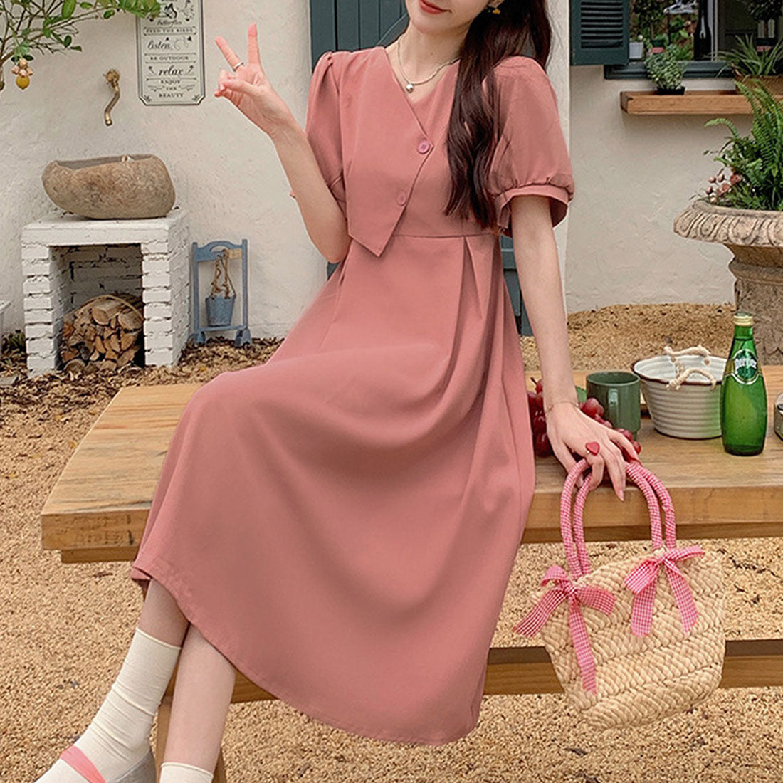 Dewlily Puff Sleeve Dress Korean Fashion for Teens, 20s, 30s Asymmetrical Cute Slimming Effect A-line Casual Short Sleeve Plain Ribbon