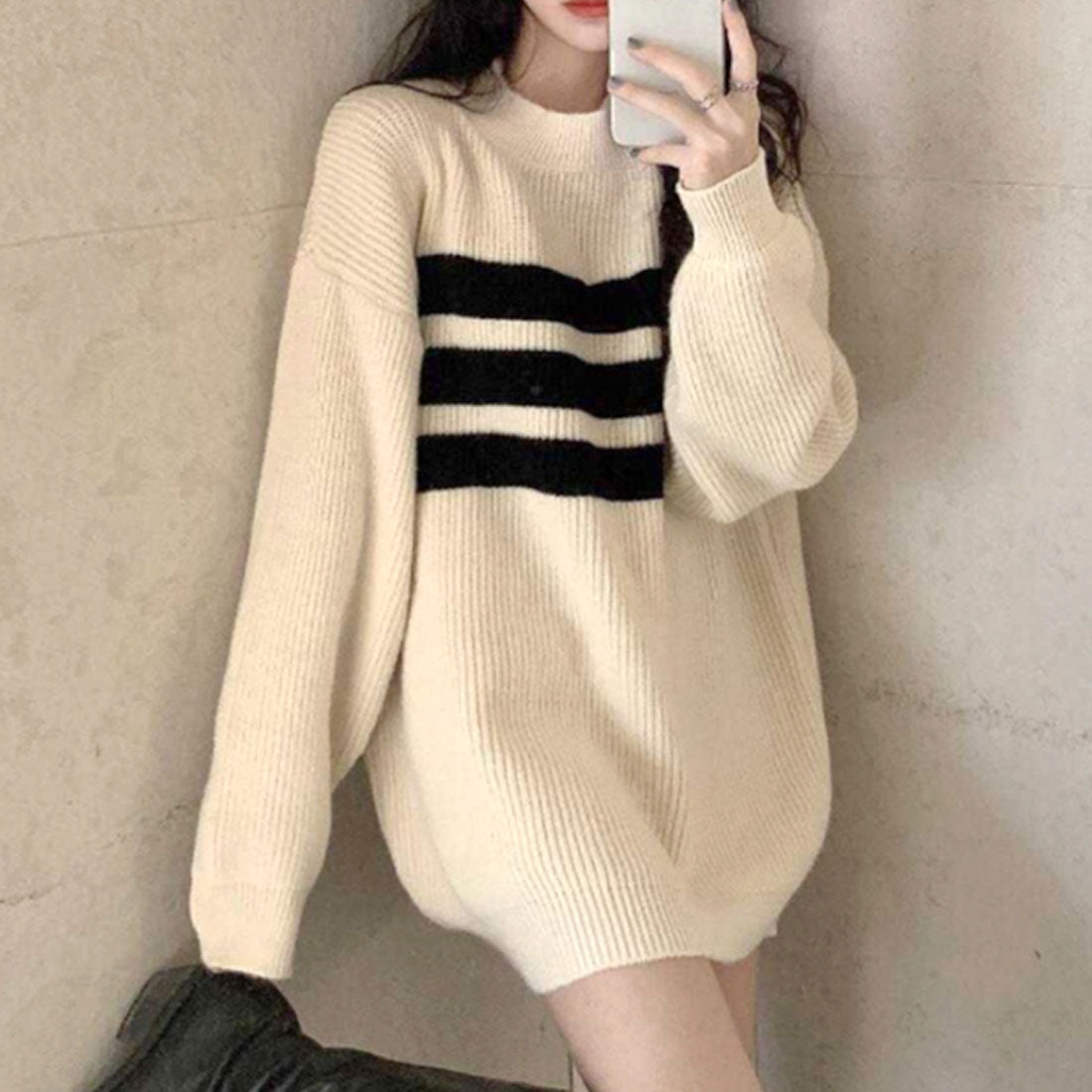 Dewlily Long Knit Autumn Winter Korean Fashion Teens 20s 30s Women's Cute Adult Casual Simple Long Sleeves Figure Covering Lines Oversized
