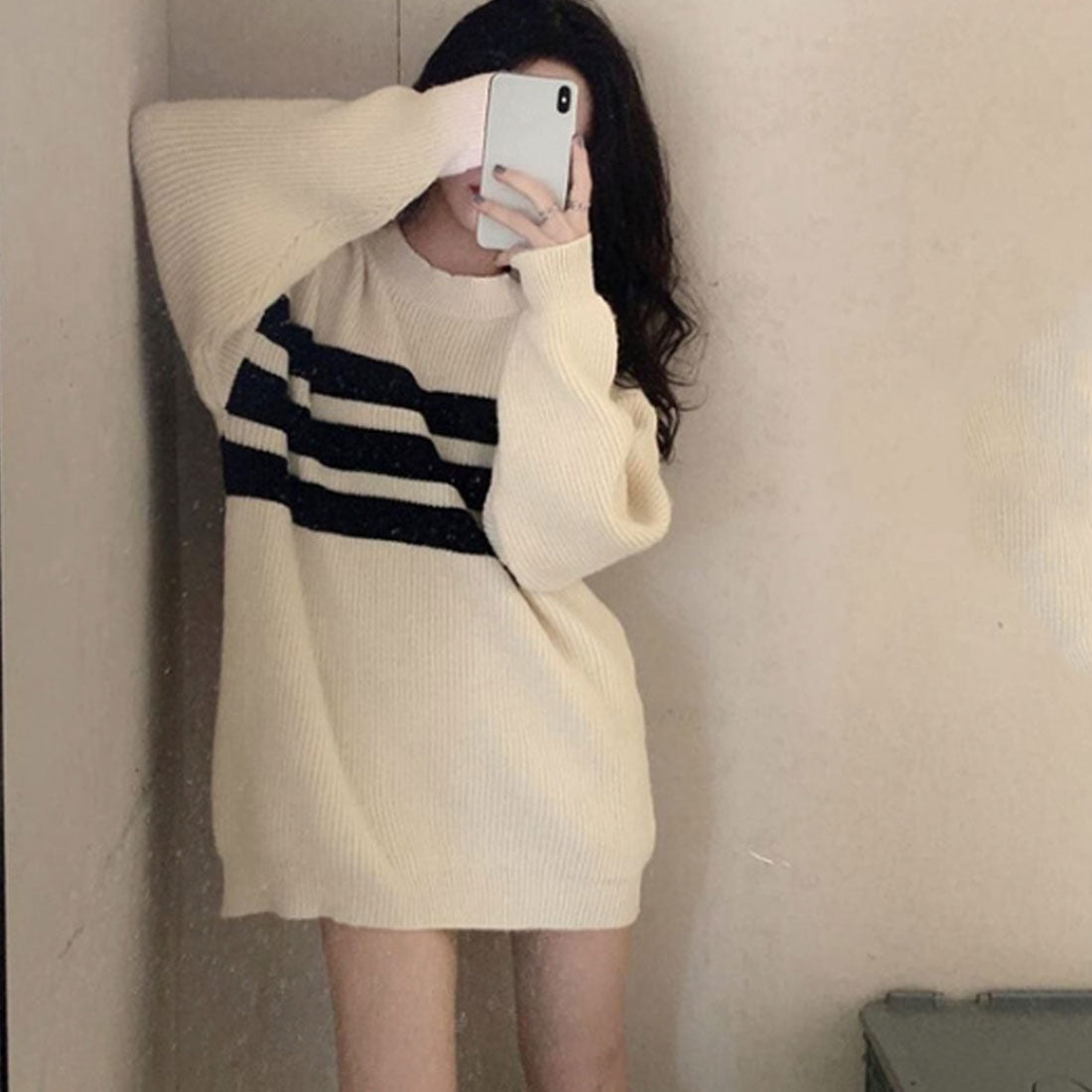 Dewlily Long Knit Autumn Winter Korean Fashion Teens 20s 30s Women's Cute Adult Casual Simple Long Sleeves Figure Covering Lines Oversized