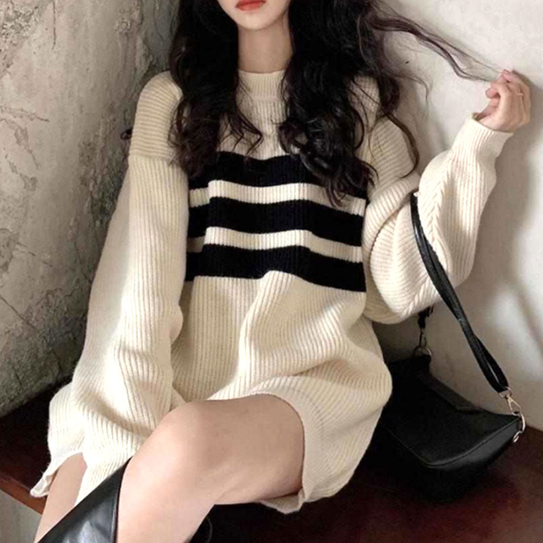 Dewlily Long Knit Autumn Winter Korean Fashion Teens 20s 30s Women's Cute Adult Casual Simple Long Sleeves Figure Covering Lines Oversized