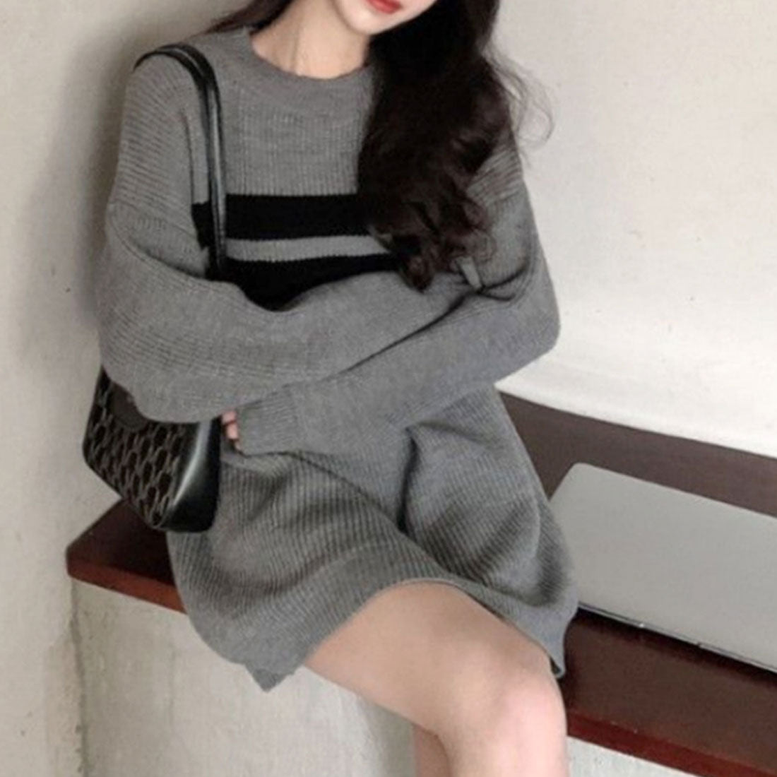 Dewlily Long Knit Autumn Winter Korean Fashion Teens 20s 30s Women's Cute Adult Casual Simple Long Sleeves Figure Covering Lines Oversized