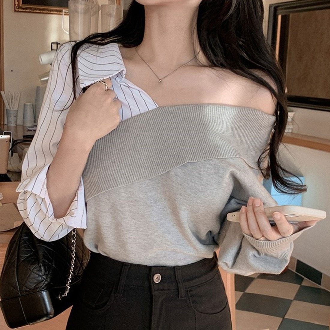 デューリリー Dewlily 切り替えアシンメトリートップス 秋 冬 韓国ファッション 10代 20代 30代 レディース 可愛い 大人カジュアル シンプル 個性的デザイン 異素材,グレー