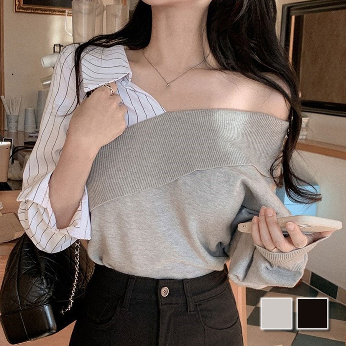 デューリリー Dewlily 切り替えアシンメトリートップス 秋 冬 韓国ファッション 10代 20代 30代 レディース 可愛い 大人カジュアル シンプル 個性的デザイン 異素材