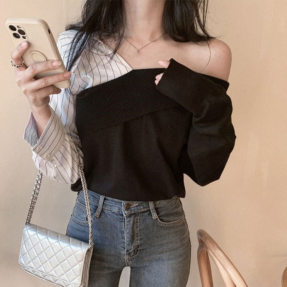 デューリリー Dewlily 切り替えアシンメトリートップス 秋 冬 韓国ファッション 10代 20代 30代 レディース 可愛い 大人カジュアル シンプル 個性的デザイン 異素材