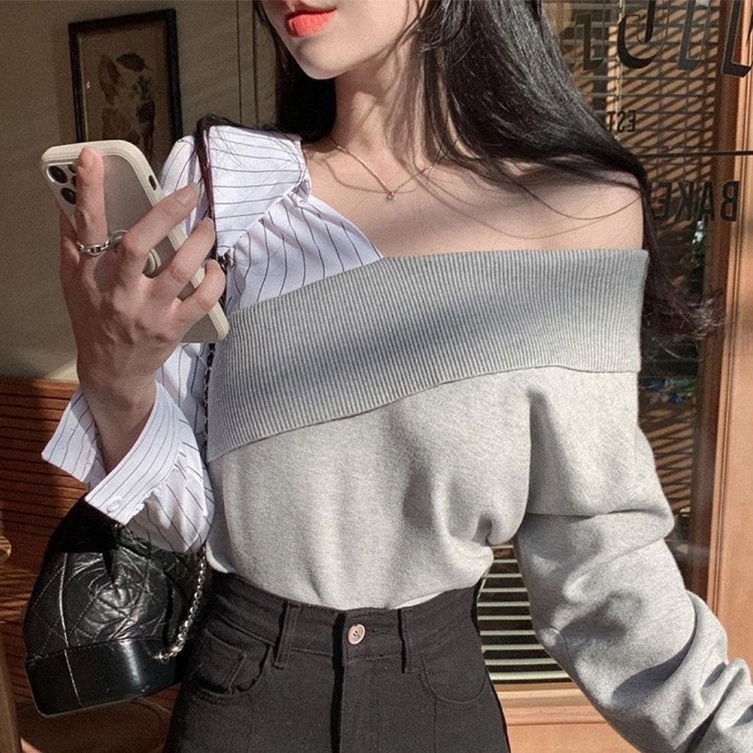 デューリリー Dewlily 切り替えアシンメトリートップス 秋 冬 韓国ファッション 10代 20代 30代 レディース 可愛い 大人カジュアル シンプル 個性的デザイン 異素材