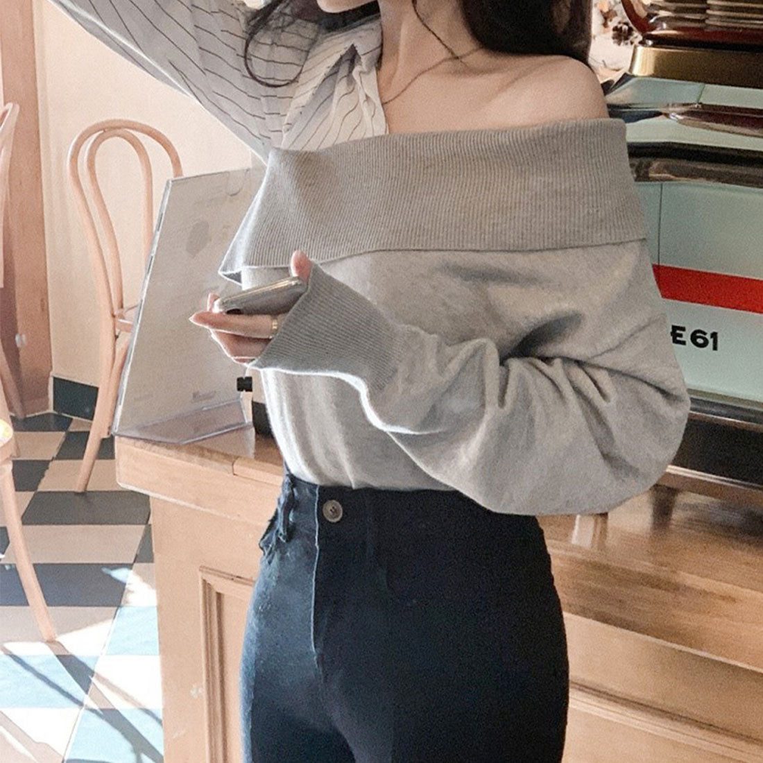 デューリリー Dewlily 切り替えアシンメトリートップス 秋 冬 韓国ファッション 10代 20代 30代 レディース 可愛い 大人カジュアル シンプル 個性的デザイン 異素材