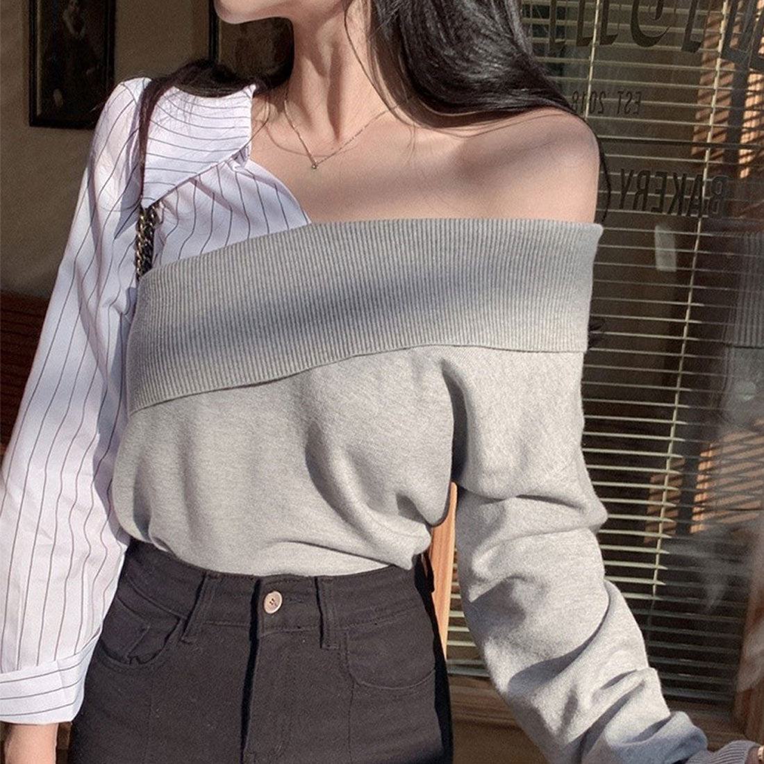 デューリリー Dewlily 切り替えアシンメトリートップス 秋 冬 韓国ファッション 10代 20代 30代 レディース 可愛い 大人カジュアル シンプル 個性的デザイン 異素材