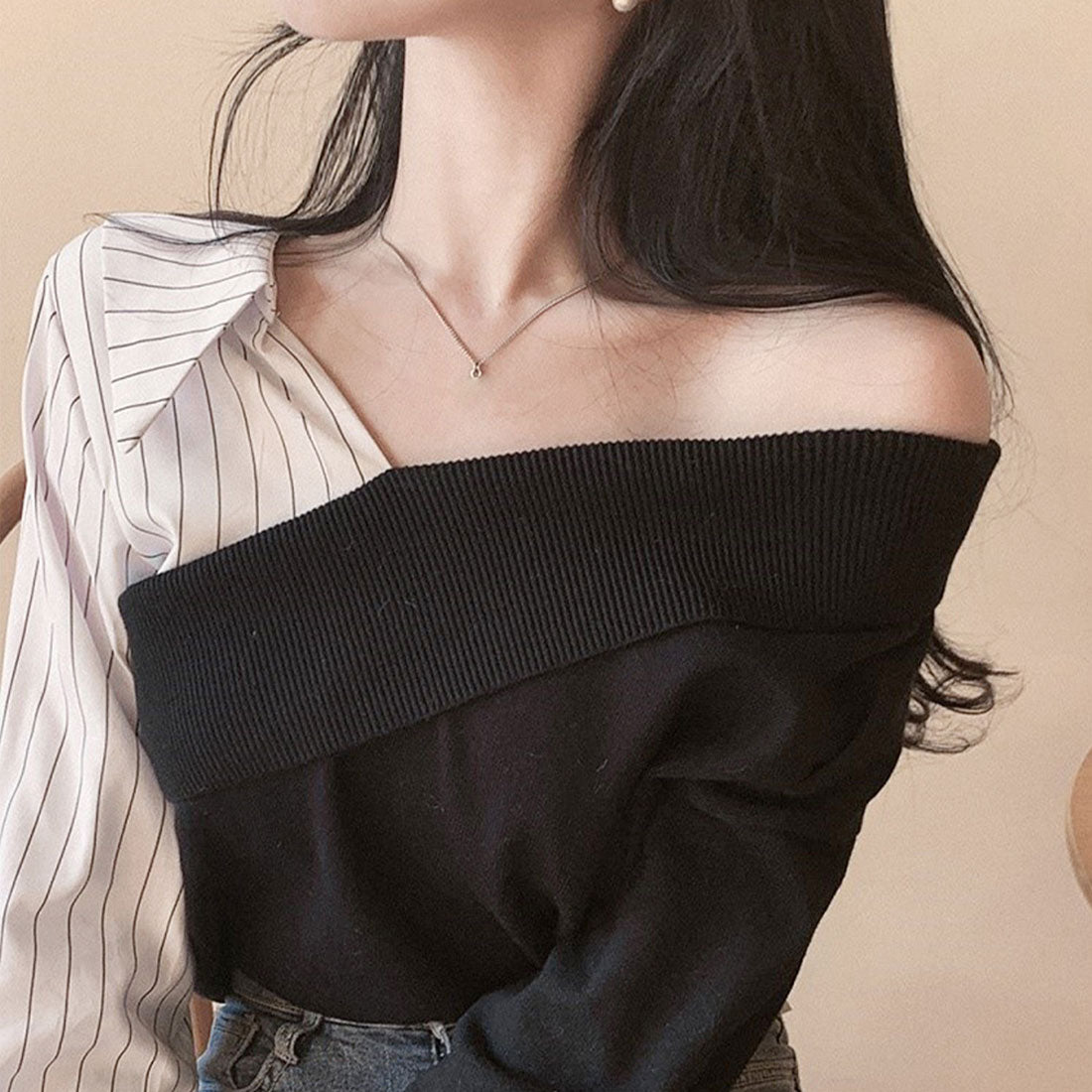 デューリリー Dewlily 切り替えアシンメトリートップス 秋 冬 韓国ファッション 10代 20代 30代 レディース 可愛い 大人カジュアル シンプル 個性的デザイン 異素材