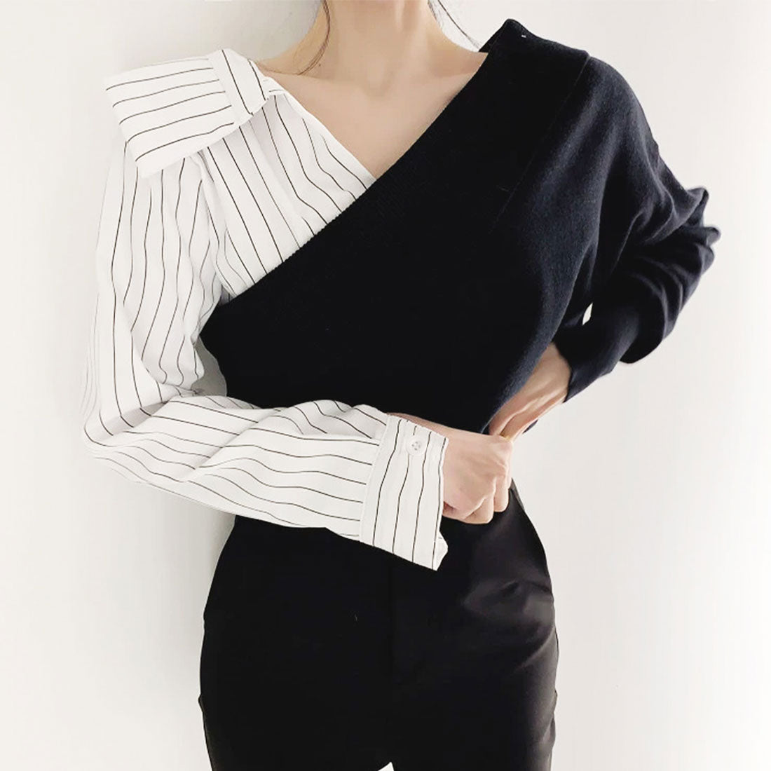 デューリリー Dewlily 切り替えアシンメトリートップス 秋 冬 韓国ファッション 10代 20代 30代 レディース 可愛い 大人カジュアル シンプル 個性的デザイン 異素材,ブラック