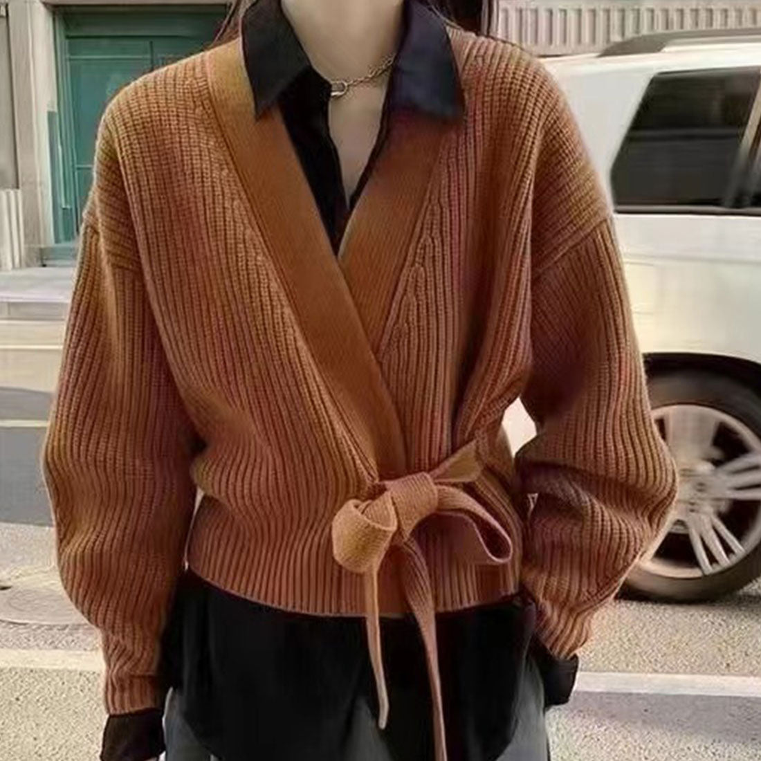 Dewlily Cache-Coeur Sweater, Autumn, Winter, Korean Fashion, For Teens, 20s, 30s, Women, Cute, Adult Casual, Office, Simple, Long Sleeves, Elegant, Knit