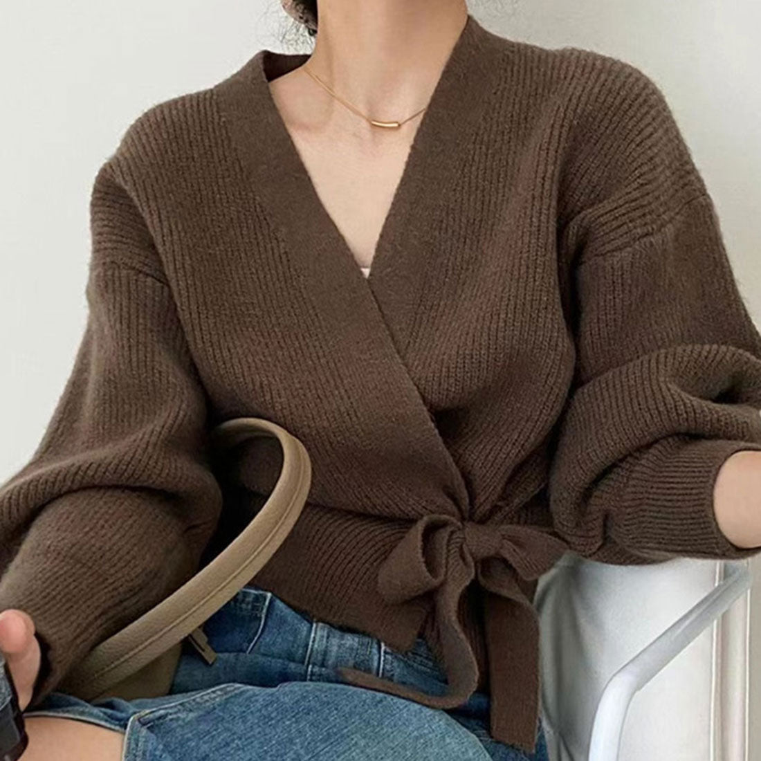 Dewlily Cache-Coeur Sweater, Autumn, Winter, Korean Fashion, For Teens, 20s, 30s, Women, Cute, Adult Casual, Office, Simple, Long Sleeves, Elegant, Knit