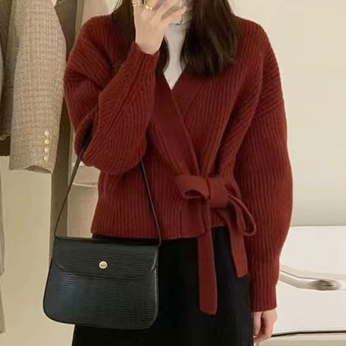 Dewlily Cache-Coeur Sweater, Autumn, Winter, Korean Fashion, For Teens, 20s, 30s, Women, Cute, Adult Casual, Office, Simple, Long Sleeves, Elegant, Knit