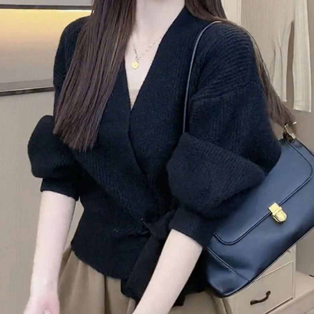 Dewlily Cache-Coeur Sweater, Autumn, Winter, Korean Fashion, For Teens, 20s, 30s, Women, Cute, Adult Casual, Office, Simple, Long Sleeves, Elegant, Knit