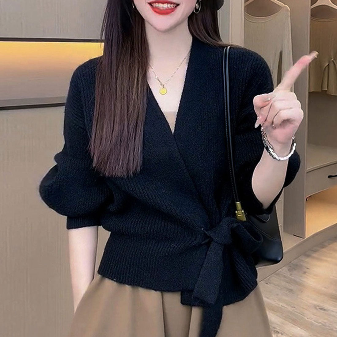 Dewlily Cache-Coeur Sweater, Autumn, Winter, Korean Fashion, For Teens, 20s, 30s, Women, Cute, Adult Casual, Office, Simple, Long Sleeves, Elegant, Knit