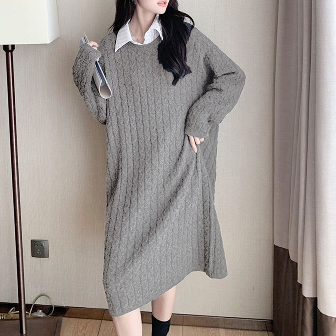Dewlily Bottleneck Rib Knit Dress for Women, Teens, 20s, 30s, Korean F