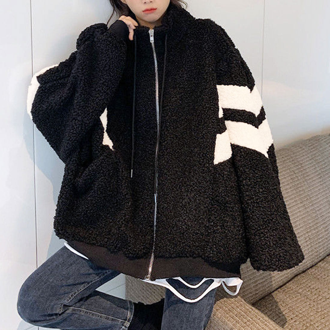 Dewlily Oversized Boa Blouson for Women, Teens, 20s, 30s, Korean Fashion, Casual, Cute, Adult, Large Size, Striped, Outerwear, Autumn, Winter