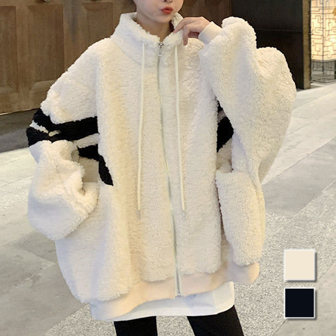 デューリリー Dewlily オーバーサイズボアブルゾン レディース 10代 20代 30代 韓国ファッション カジュアル 可愛い 大人 大きいサイズ ボーダー アウター 秋 冬