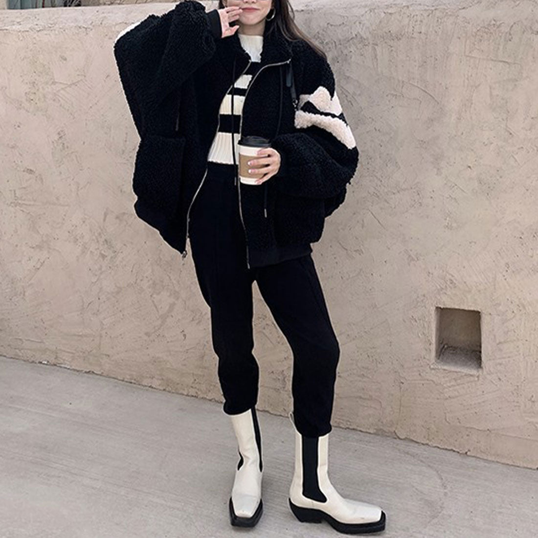 デューリリー Dewlily オーバーサイズボアブルゾン レディース 10代 20代 30代 韓国ファッション カジュアル 可愛い 大人 大きいサイズ ボーダー アウター 秋 冬