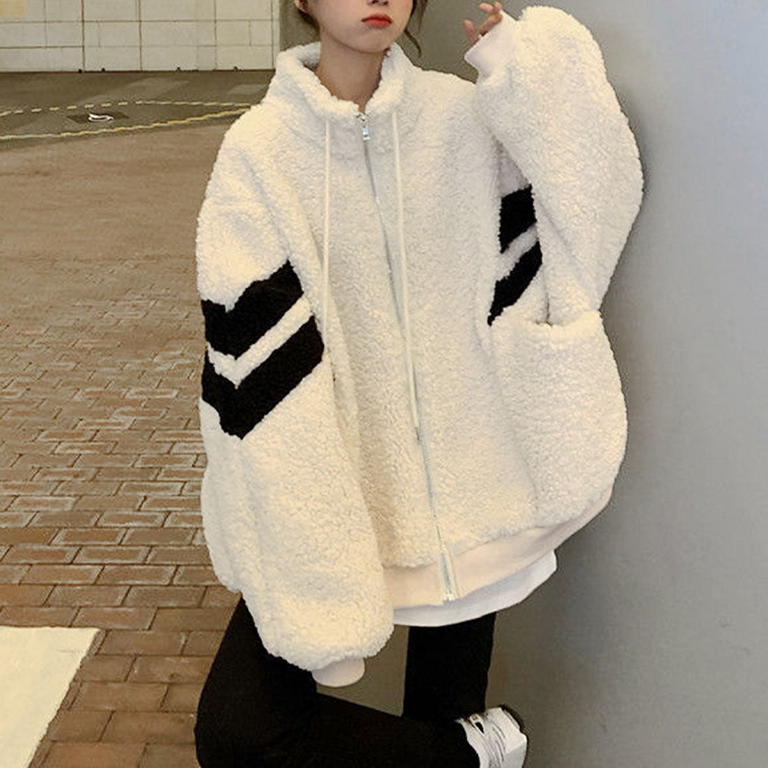 デューリリー Dewlily オーバーサイズボアブルゾン レディース 10代 20代 30代 韓国ファッション カジュアル 可愛い 大人 大きいサイズ ボーダー アウター 秋 冬