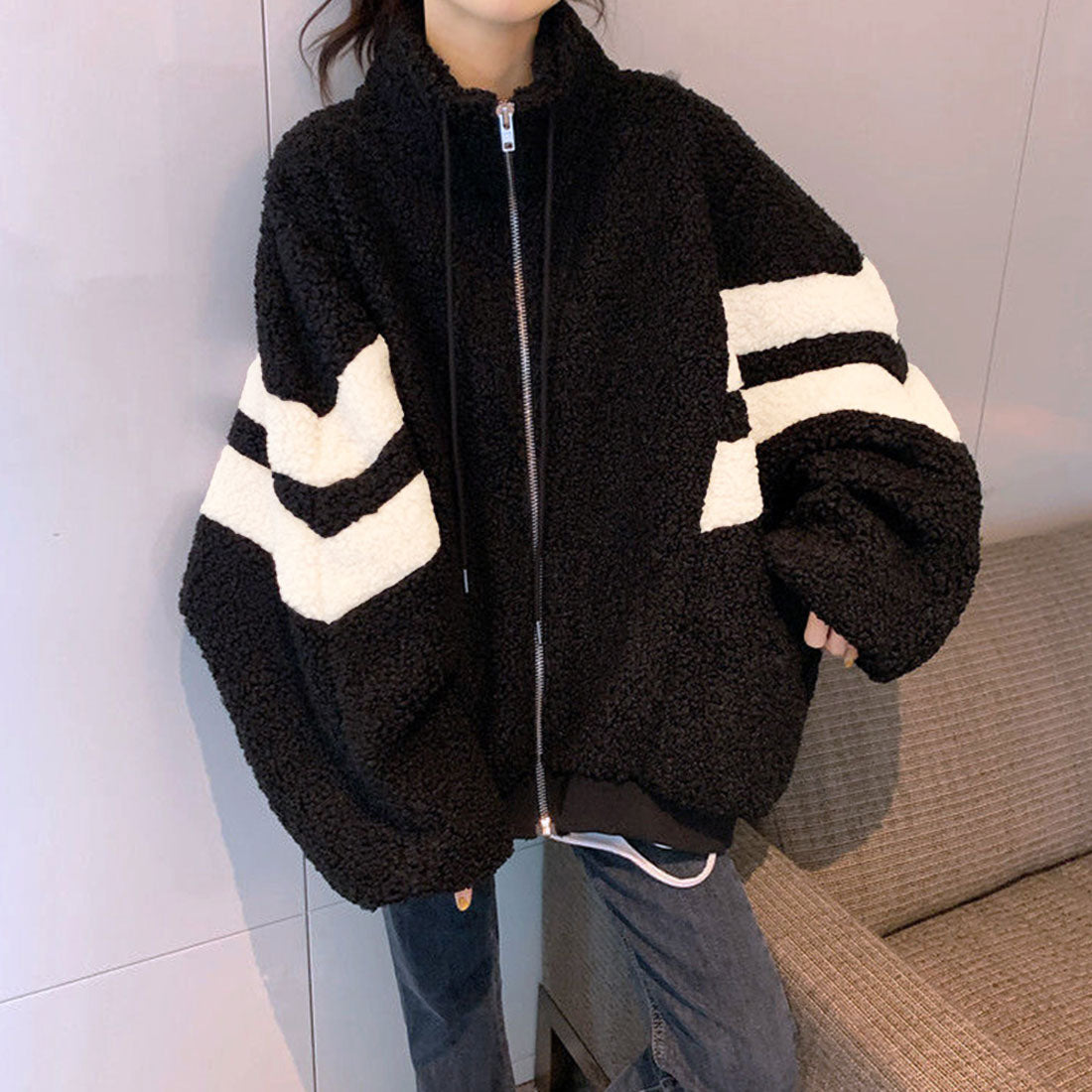 デューリリー Dewlily オーバーサイズボアブルゾン レディース 10代 20代 30代 韓国ファッション カジュアル 可愛い 大人 大きいサイズ ボーダー アウター 秋 冬