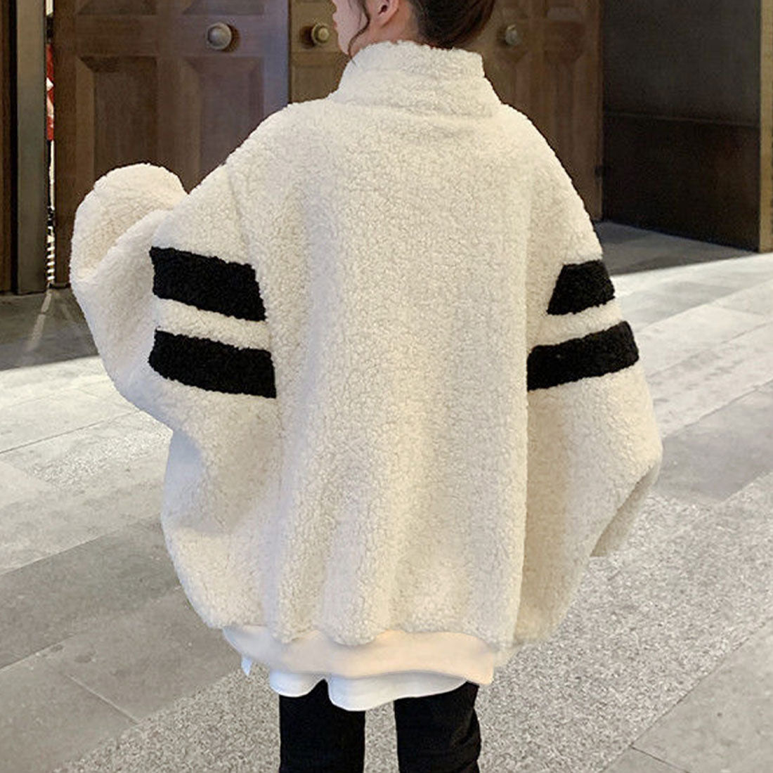 デューリリー Dewlily オーバーサイズボアブルゾン レディース 10代 20代 30代 韓国ファッション カジュアル 可愛い 大人 大きいサイズ ボーダー アウター 秋 冬