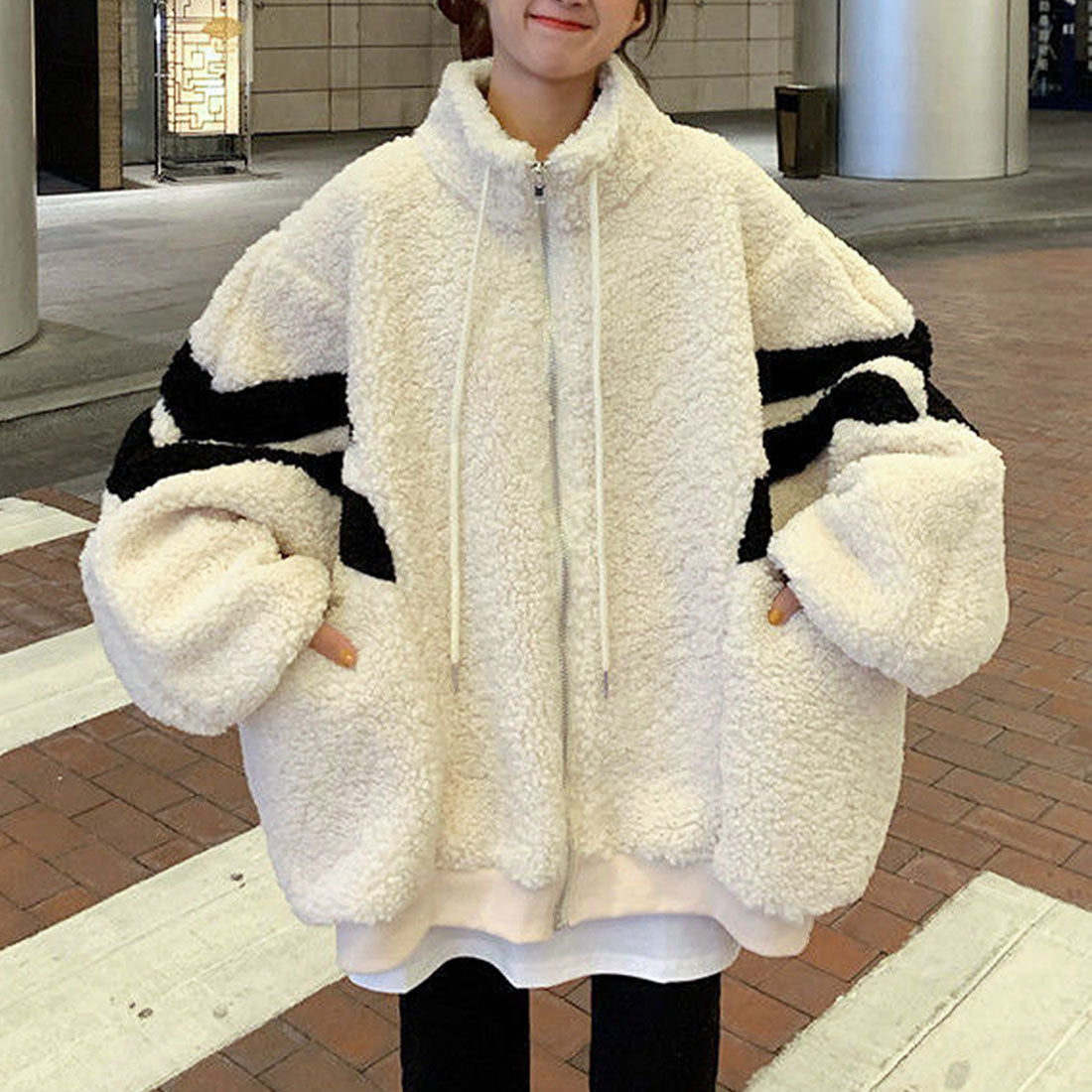 デューリリー Dewlily オーバーサイズボアブルゾン レディース 10代 20代 30代 韓国ファッション カジュアル 可愛い 大人 大きいサイズ ボーダー アウター 秋 冬