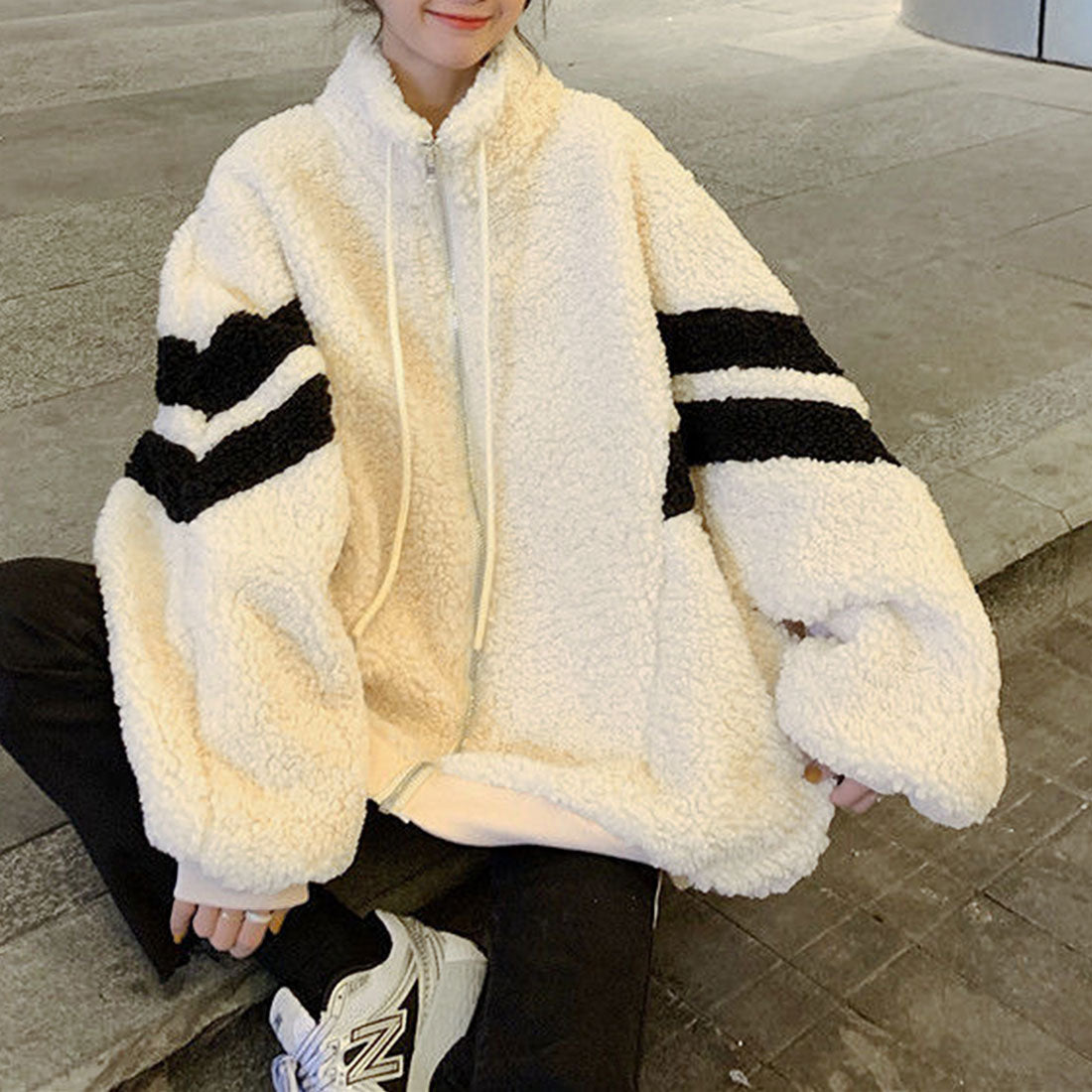 デューリリー Dewlily オーバーサイズボアブルゾン レディース 10代 20代 30代 韓国ファッション カジュアル 可愛い 大人 大きいサイズ ボーダー アウター 秋 冬