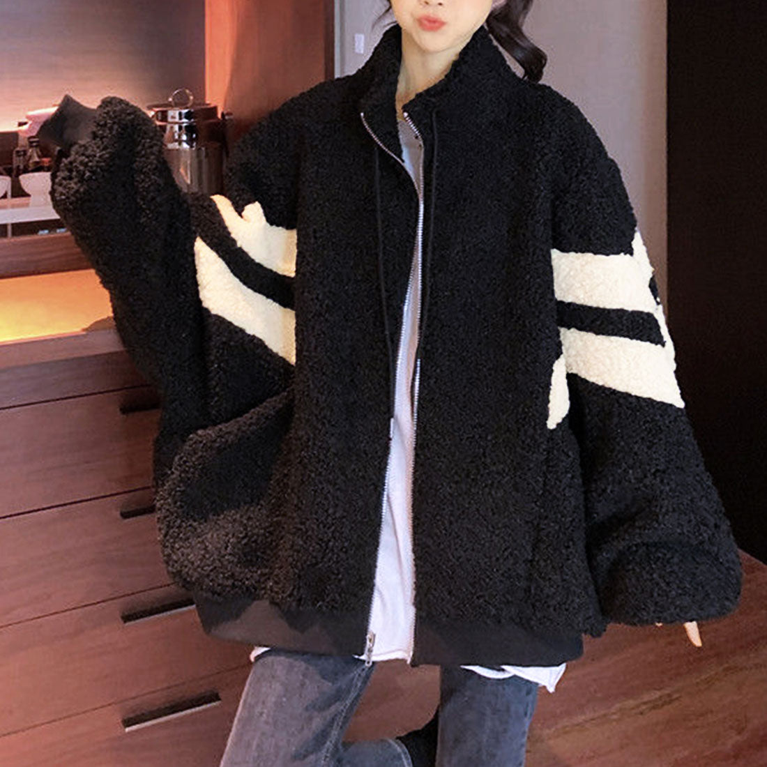 デューリリー Dewlily オーバーサイズボアブルゾン レディース 10代 20代 30代 韓国ファッション カジュアル 可愛い 大人 大きいサイズ ボーダー アウター 秋 冬