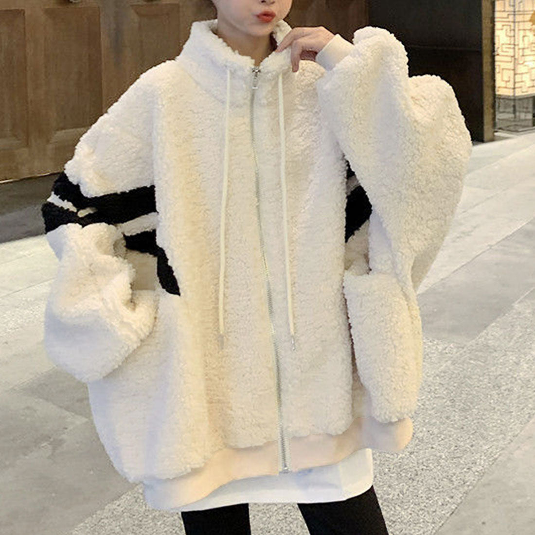 Dewlily Oversized Boa Blouson for Women, Teens, 20s, 30s, Korean Fashion, Casual, Cute, Adult, Large Size, Striped, Outerwear, Autumn, Winter