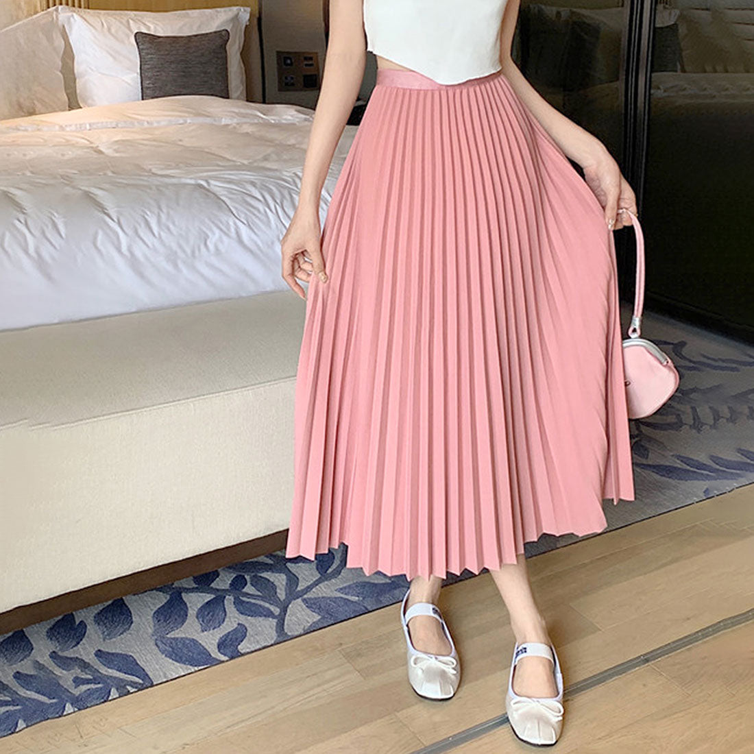 Dewlily Long Pleated Skirt for Women, Teens, 20s, 30s, Korean Fashion, Casual, Spring, Summer, Autumn, Cute, Stylish, A-line, Black, Simple, Elastic