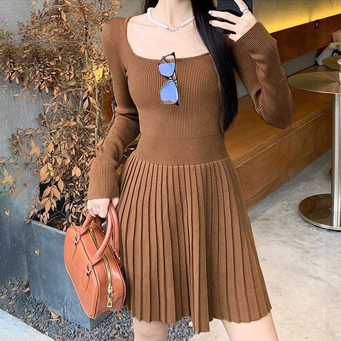 Dewlily Knit Pleated Dress for Women, Teens, 20s, 30s, Korean Fashion, Casual, Long Sleeve, Mini, Square Neck, Spring, Autumn, Winter, Solid Color, Simple