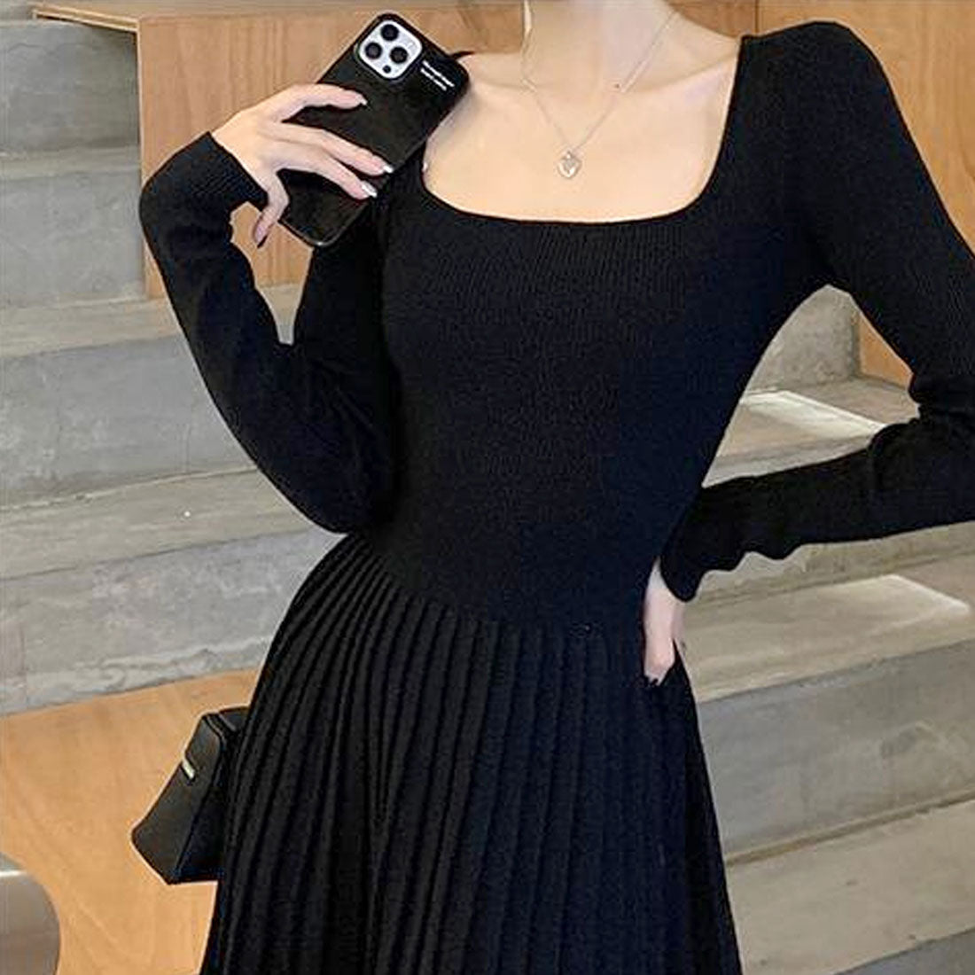 Dewlily Knit Pleated Dress for Women, Teens, 20s, 30s, Korean Fashion, Casual, Long Sleeve, Mini, Square Neck, Spring, Autumn, Winter, Solid Color, Simple