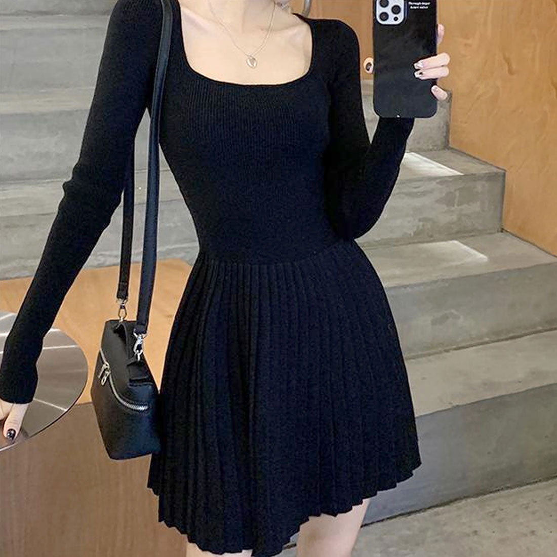 Dewlily Knit Pleated Dress for Women, Teens, 20s, 30s, Korean Fashion, Casual, Long Sleeve, Mini, Square Neck, Spring, Autumn, Winter, Solid Color, Simple