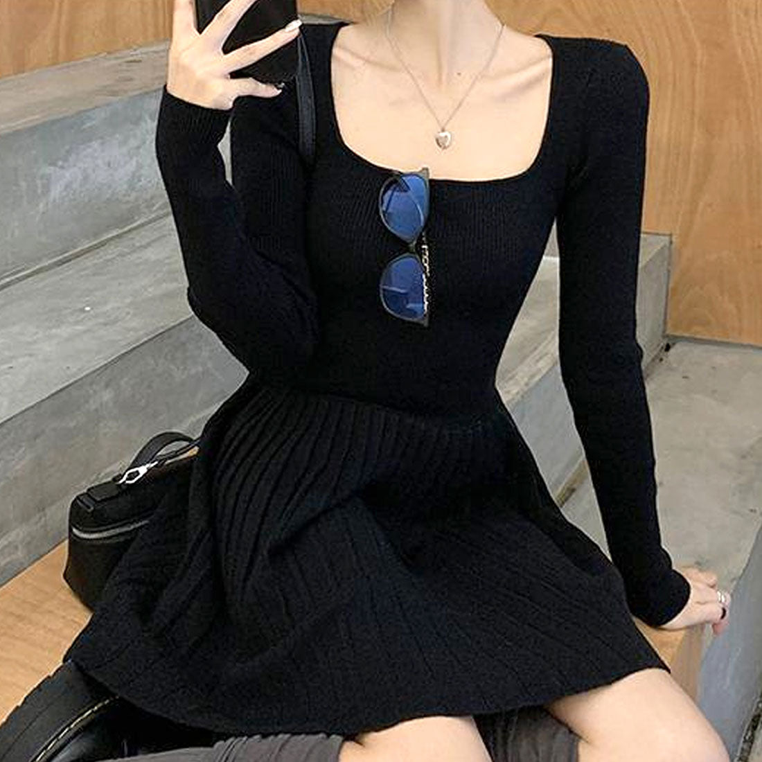 Dewlily Knit Pleated Dress for Women, Teens, 20s, 30s, Korean Fashion, Casual, Long Sleeve, Mini, Square Neck, Spring, Autumn, Winter, Solid Color, Simple
