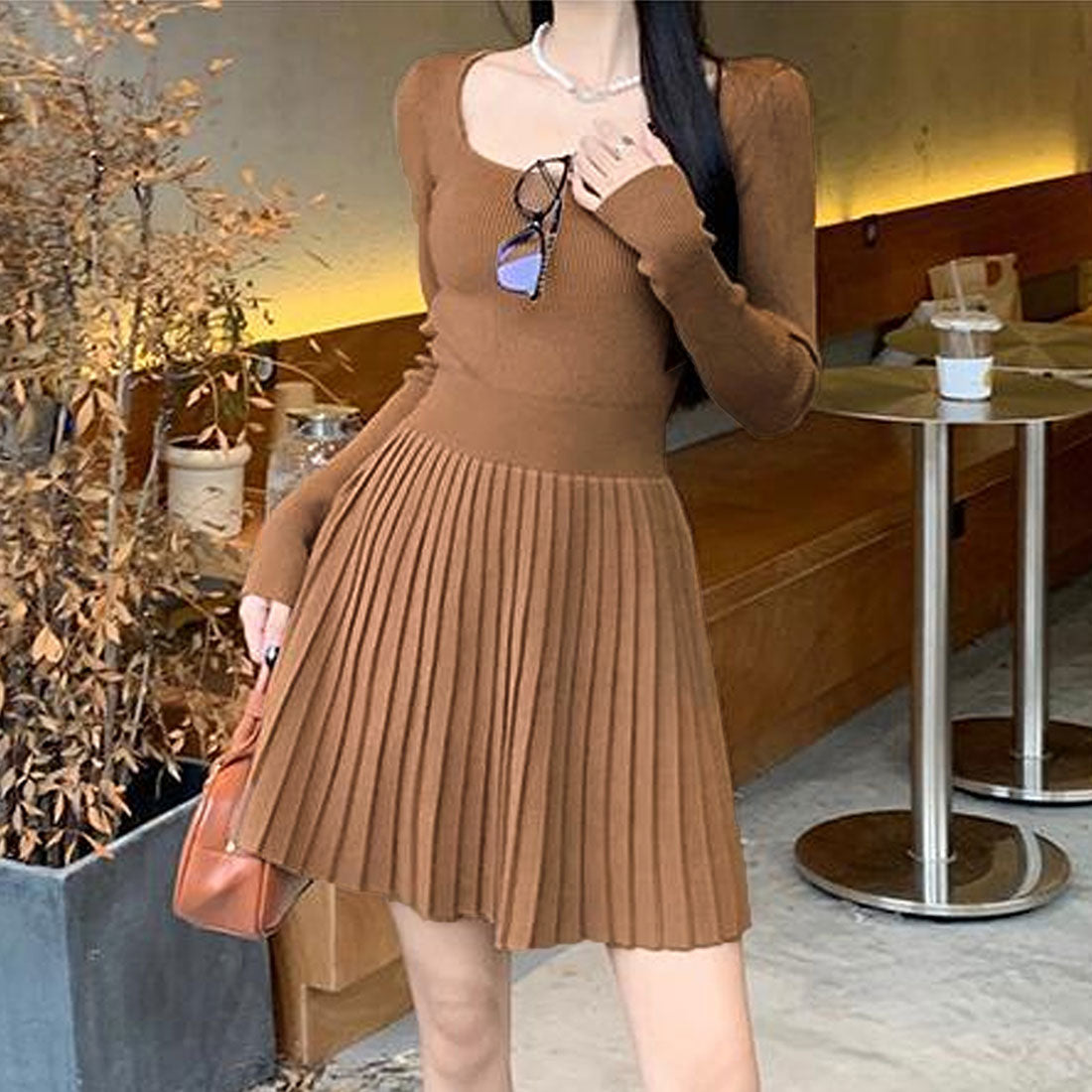 Dewlily Knit Pleated Dress for Women, Teens, 20s, 30s, Korean Fashion, Casual, Long Sleeve, Mini, Square Neck, Spring, Autumn, Winter, Solid Color, Simple