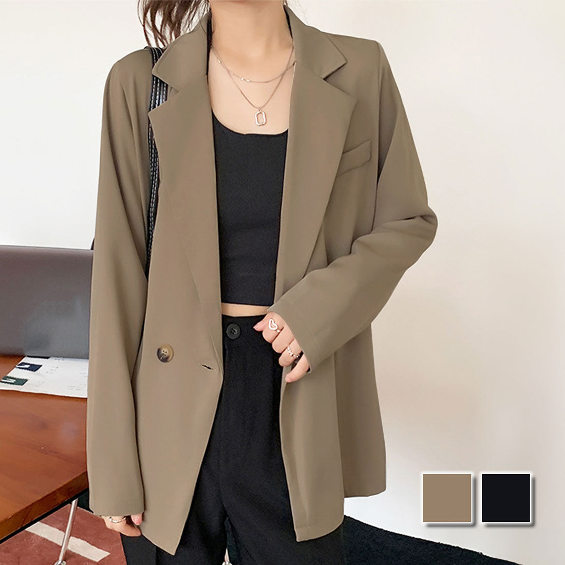 デューリリー Dewlily テーラードジャケット レディース 10代 20代 30代 韓国ファッション カジュアル アウター オフィス シンプル 無地 春 秋 長袖 おしゃれ (カーキ) カーキ