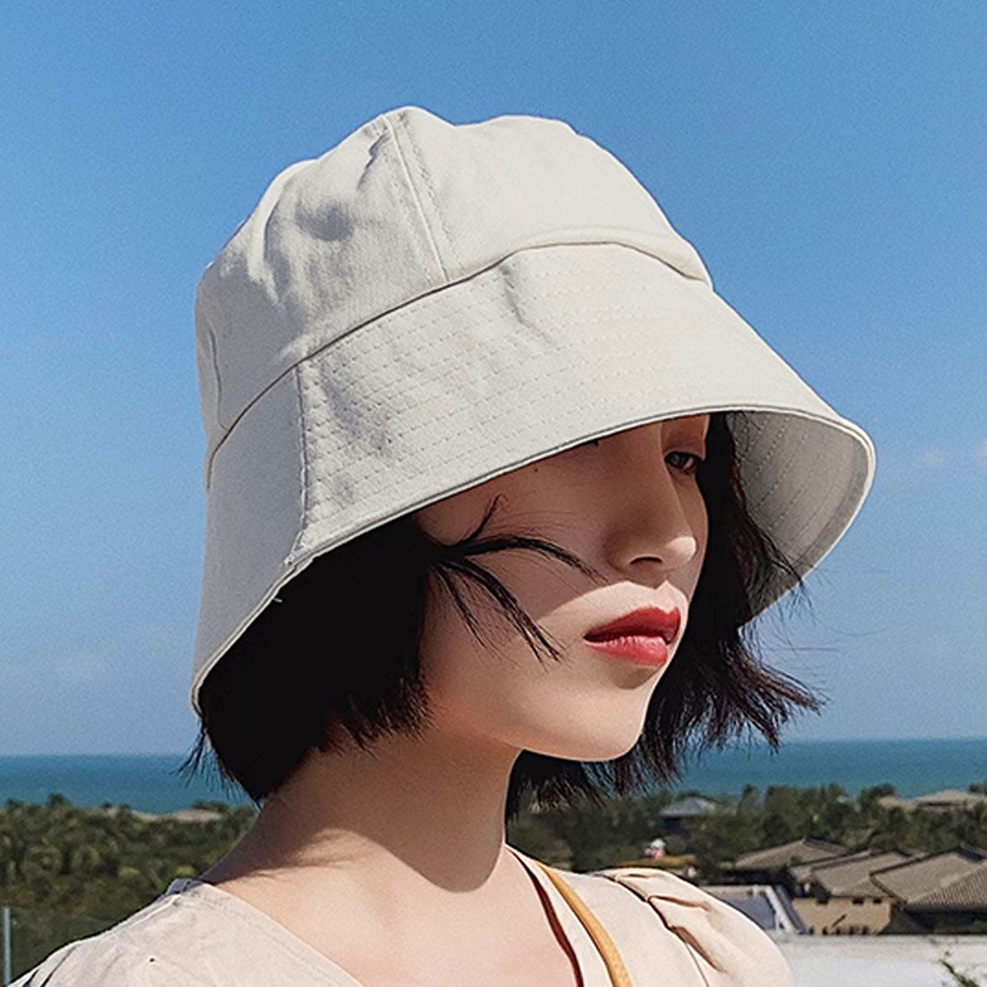 Dewlly 寬簷漁夫帽女式青少年 20 多歲 30 多歲韓國時尚休閒帽子素色簡約可愛優雅時尚黑白遮陽帽