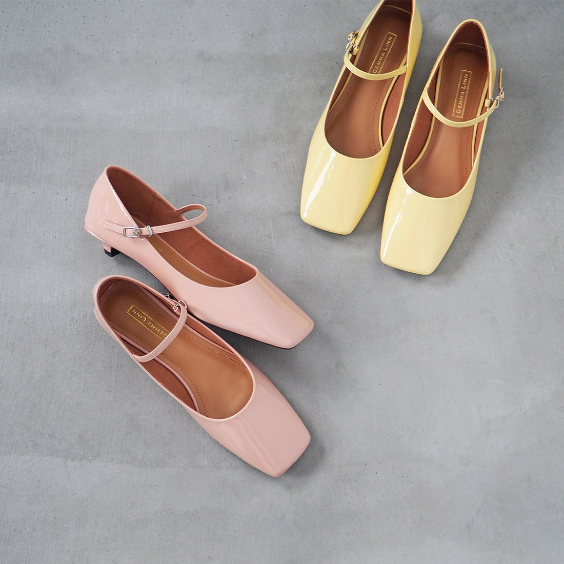 ダニエラアンドジェマ Daniella & GEMMA スクエアトゥエナメルストラップパンプス (イエローエナメル) イエローエナメル